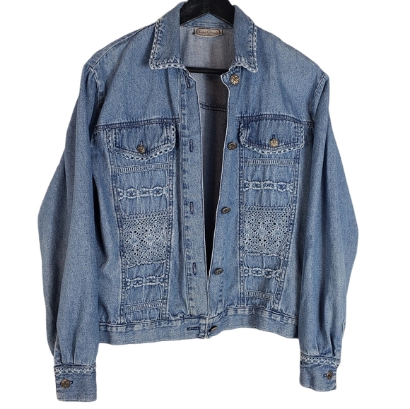 Vintage Saint Germain Blue Chambray Jacket Sz L ? Crotchet Button Up Jean Denim - Picture 2 of 12